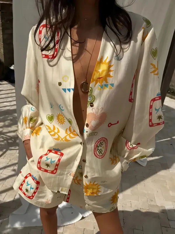 Printed Long Sleeve Shirt and Shorts Set sold by Charming Charlie
