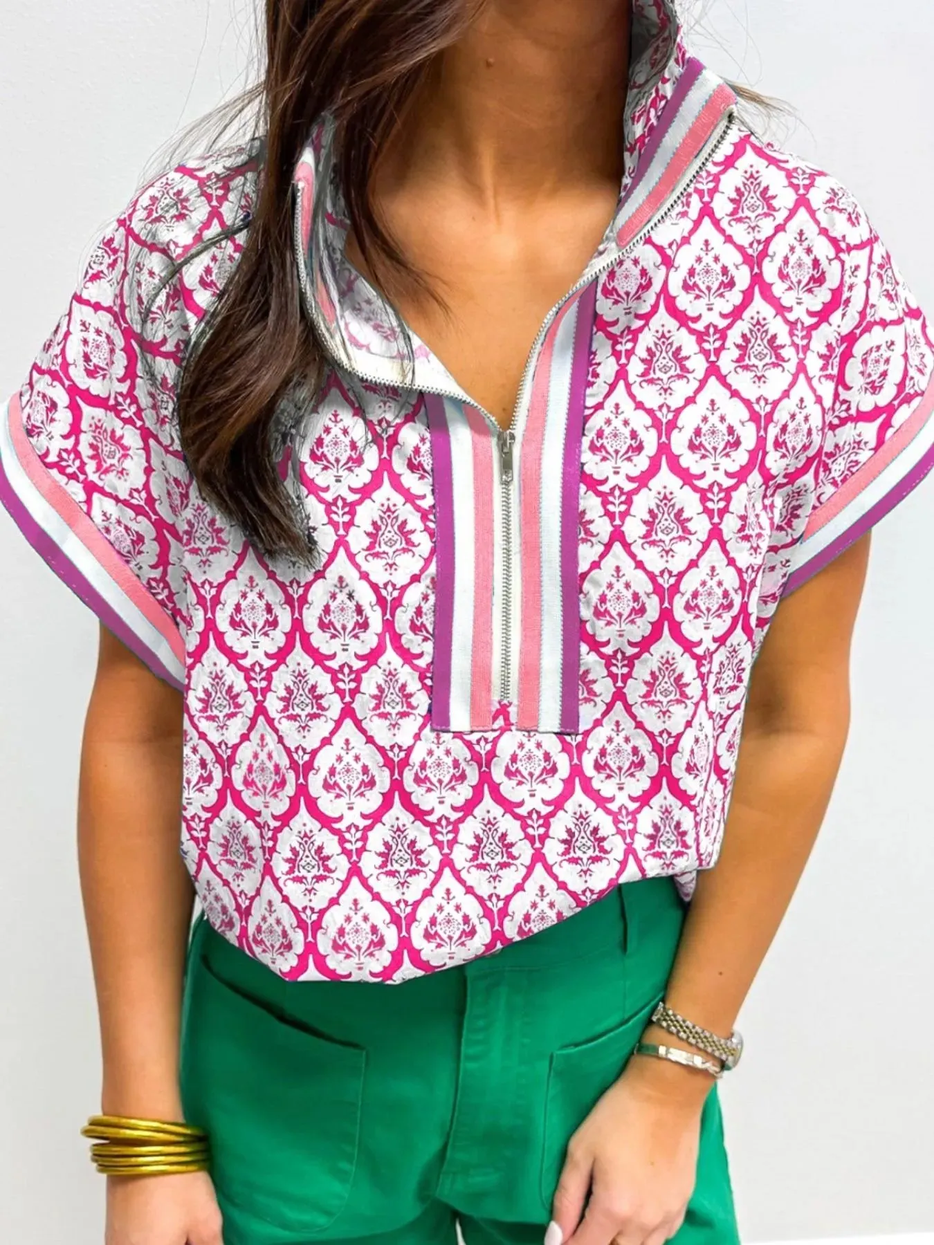 Printed Half Zip Short Sleeve Blouse sold by Charming Charlie product image thumbnail 3