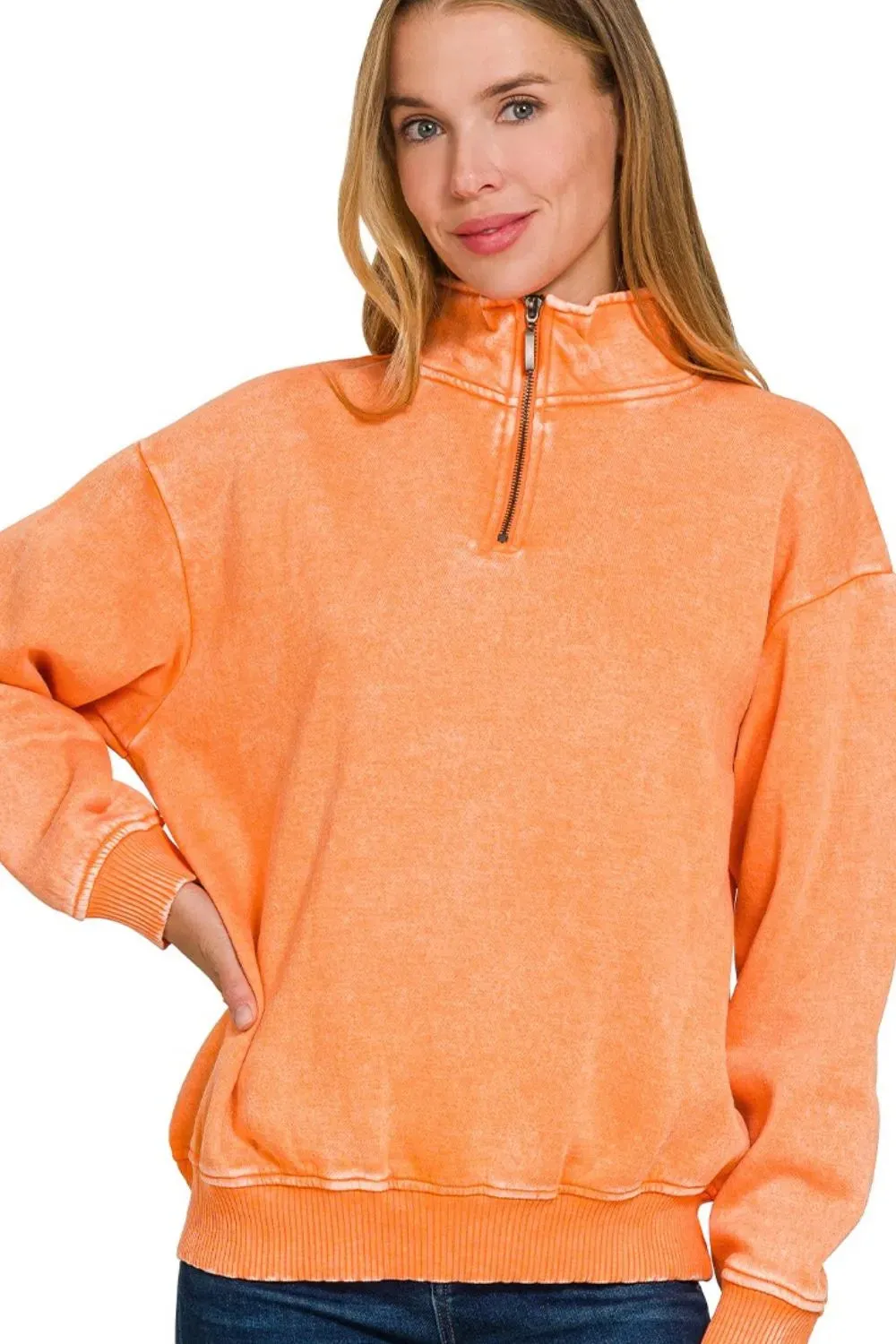 Zenana Acid Wash Fleece Half Zip Pullover Sweatshirt sold by Charming Charlie product image thumbnail 3