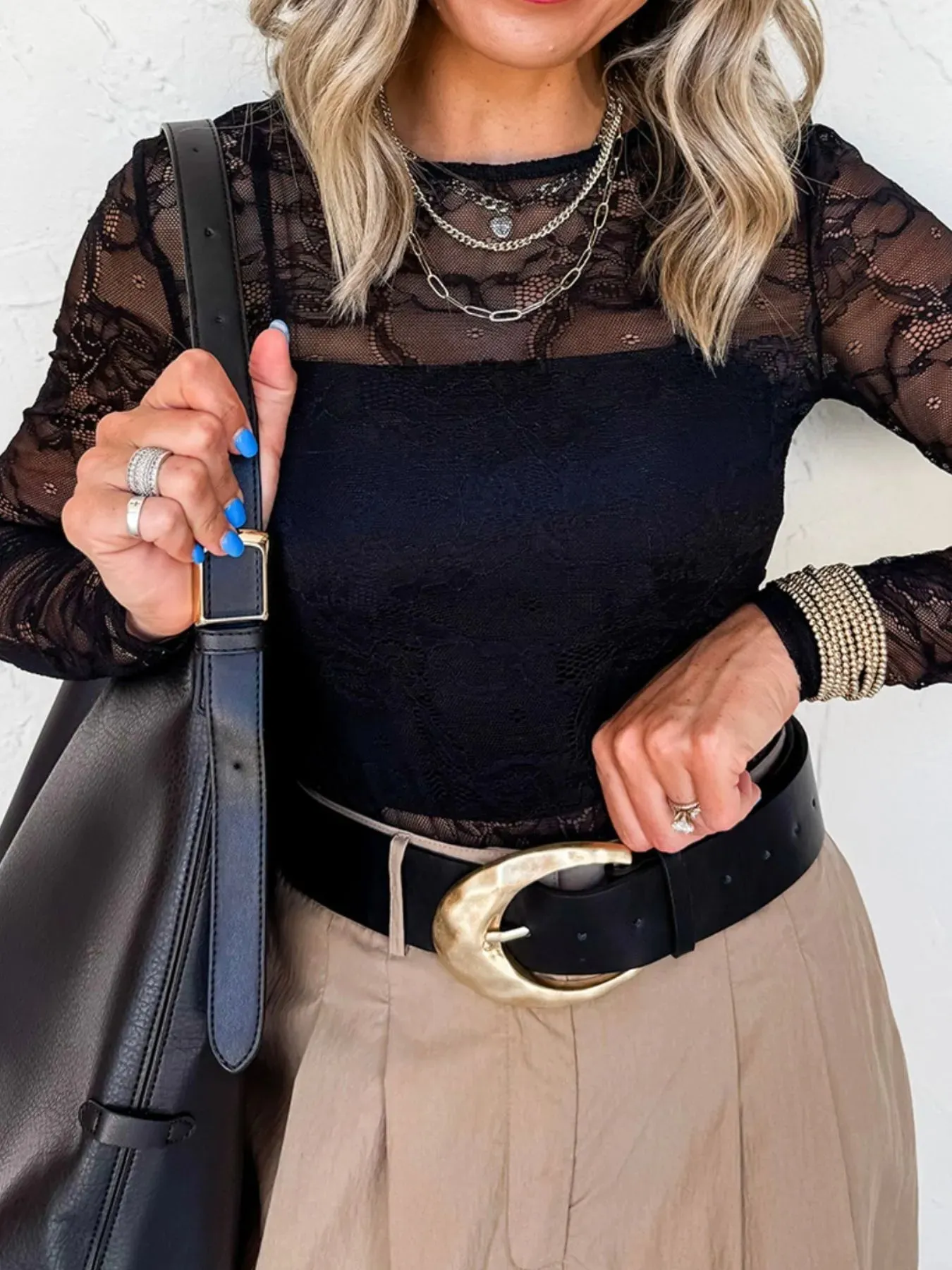 Lace Crochet Mesh Patched Slim Fit Long Sleeve Top sold by Charming Charlie product image thumbnail 2