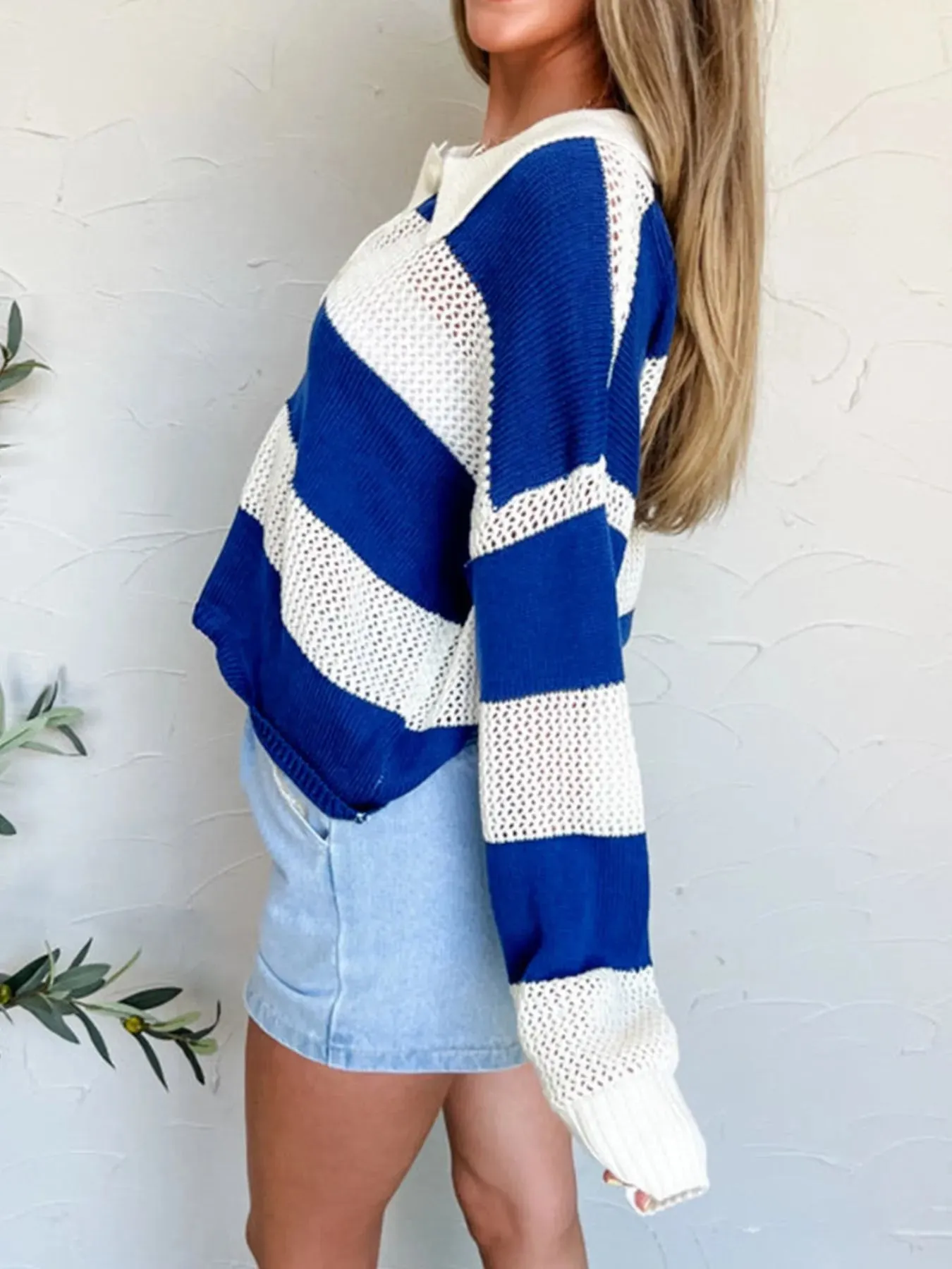 Stripe Colorblock Polo Collar Crochet Knitted Cover Up sold by Charming Charlie product image thumbnail 5