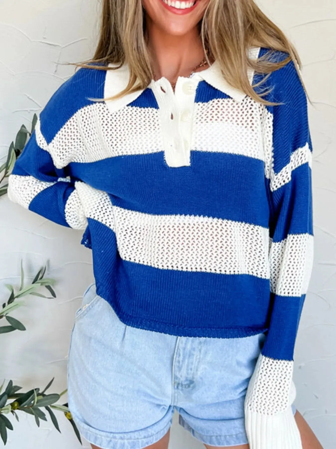 Stripe Colorblock Polo Collar Crochet Knitted Cover Up sold by Charming Charlie product image thumbnail 2