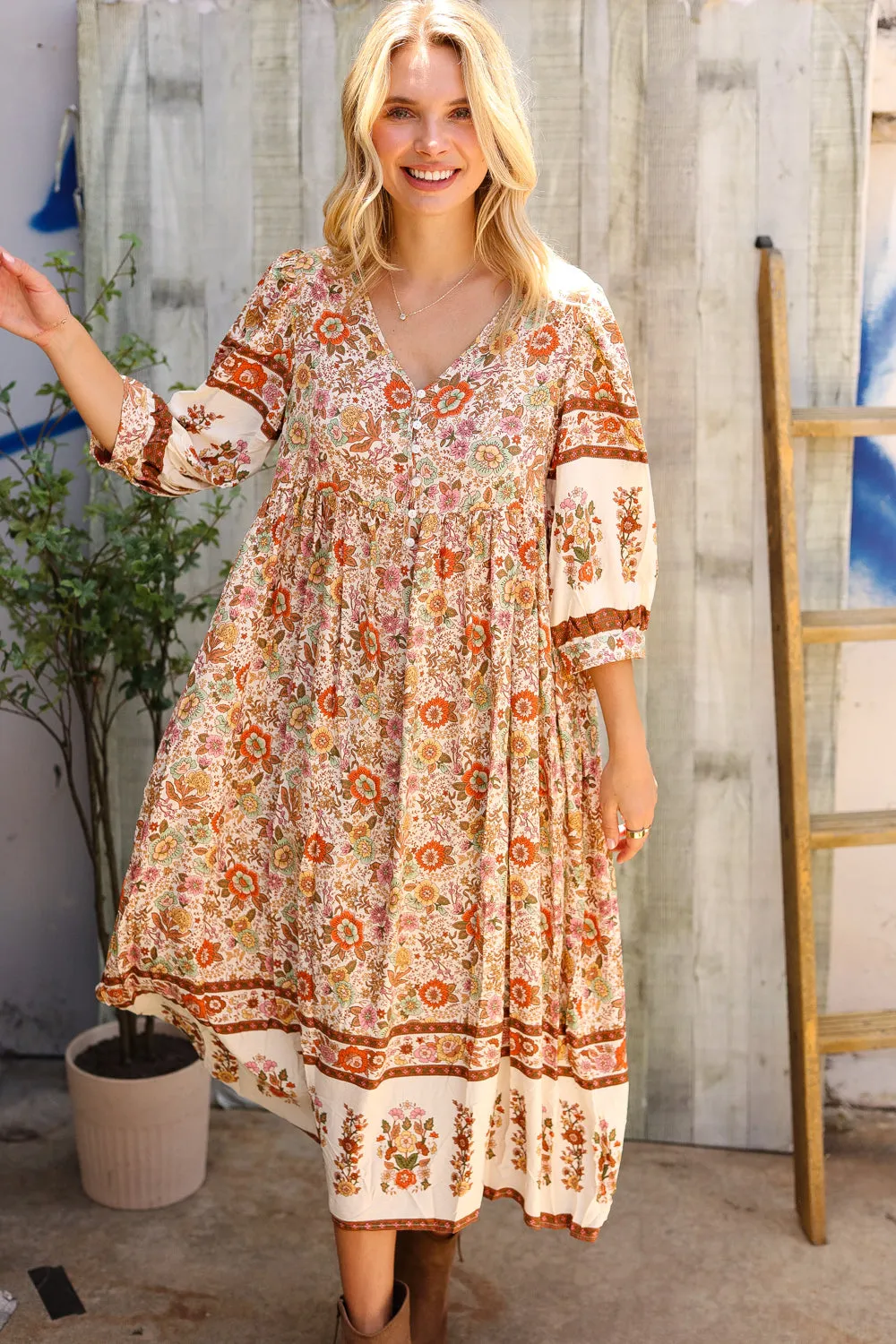 Love Found In Boho Front Button Banded Sleeve Midi Dress sold by Charming Charlie