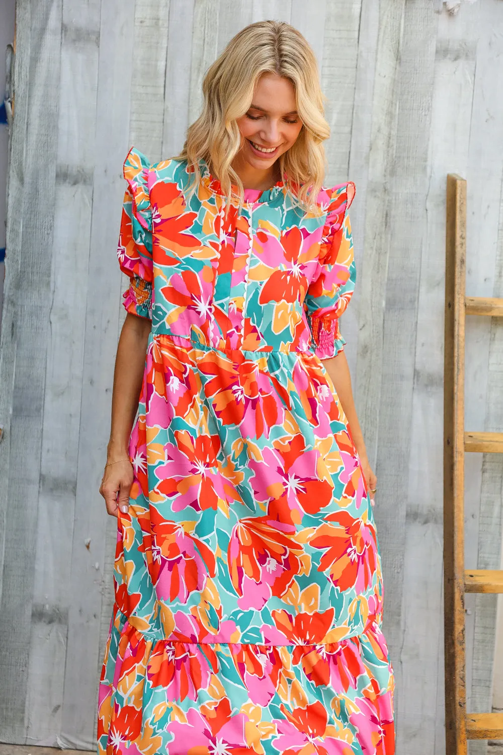 Dazzle In Orange & Aqua Floral Smocked Notched Neck Midi Dress sold by Charming Charlie product image thumbnail 3