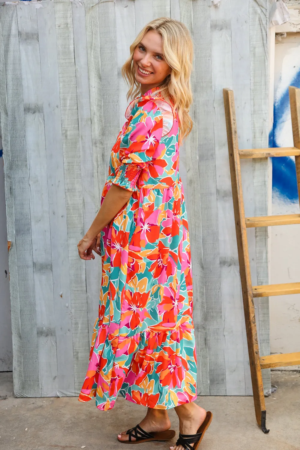 Dazzle In Orange & Aqua Floral Smocked Notched Neck Midi Dress sold by Charming Charlie product image thumbnail 5