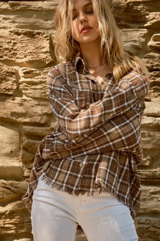 Perfect Find Cinnamin Plaid Cotton-Blend Fray Hem Shacket sold by Charming Charlie product image thumbnail 3