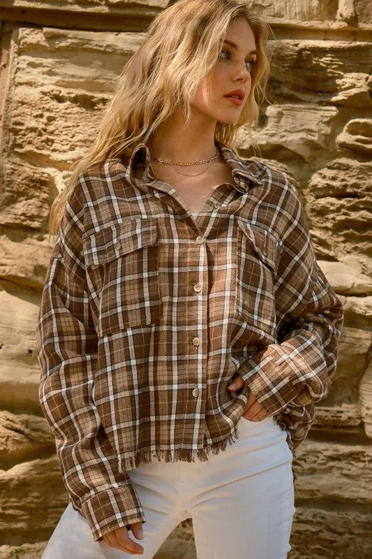 Perfect Find Cinnamin Plaid Cotton-Blend Fray Hem Shacket sold by Charming Charlie product image thumbnail 2