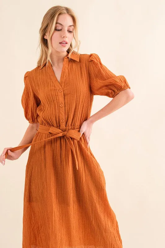 Elegant You Rust Textured Short Sleeve Tie Belt Dress sold by Charming Charlie product image thumbnail 3