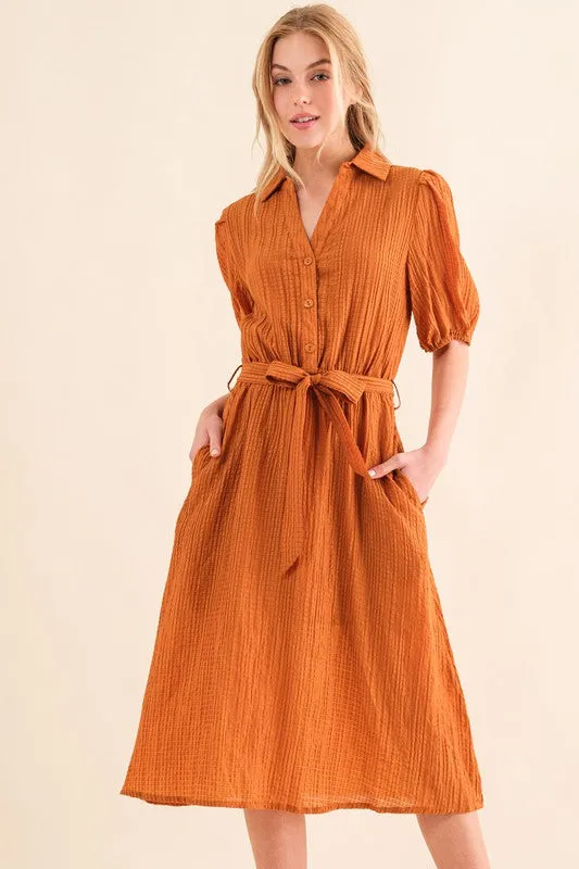 Elegant You Rust Textured Short Sleeve Tie Belt Dress sold by Charming Charlie