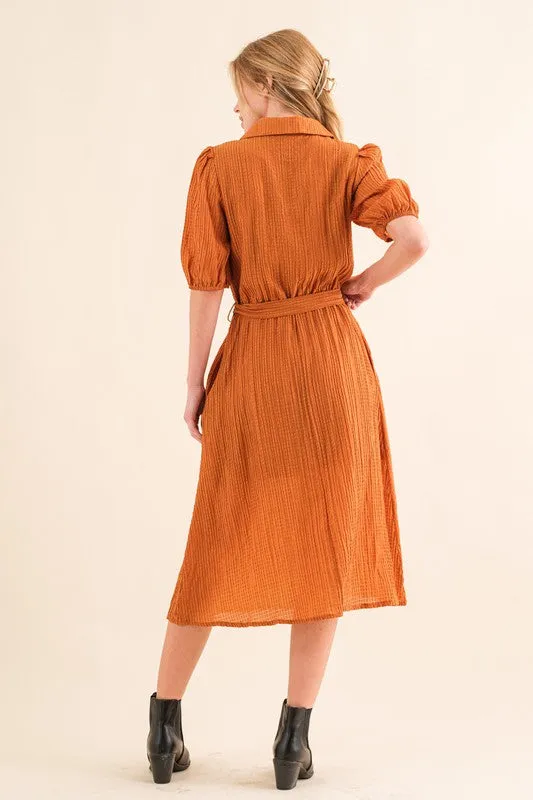 Elegant You Rust Textured Short Sleeve Tie Belt Dress sold by Charming Charlie product image thumbnail 2