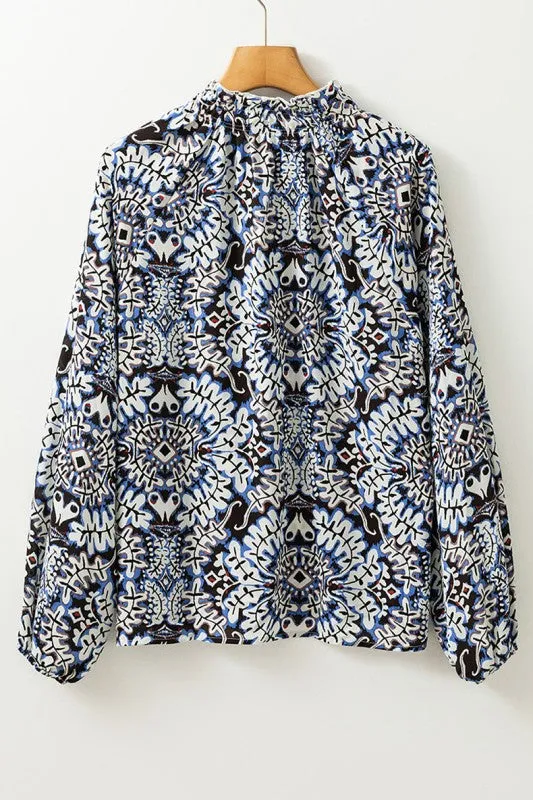 Blue Print Lace-up Frilled Neck Puff Sleeve Blouse sold by Charming Charlie product image thumbnail 3