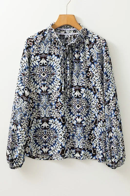 Blue Print Lace-up Frilled Neck Puff Sleeve Blouse sold by Charming Charlie product image thumbnail 4