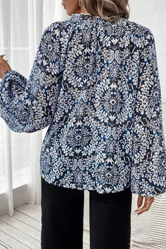 Blue Print Lace-up Frilled Neck Puff Sleeve Blouse sold by Charming Charlie product image thumbnail 5