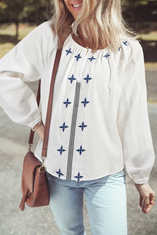 Geometric Embroidered Long Sleeve Buttoned Blouse sold by Charming Charlie