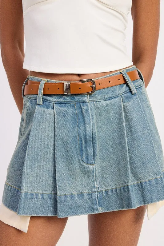PLEATED DENIM MINI SKIRT WITH CONTRAST HEM DETAIL sold by Charming Charlie product image thumbnail 3