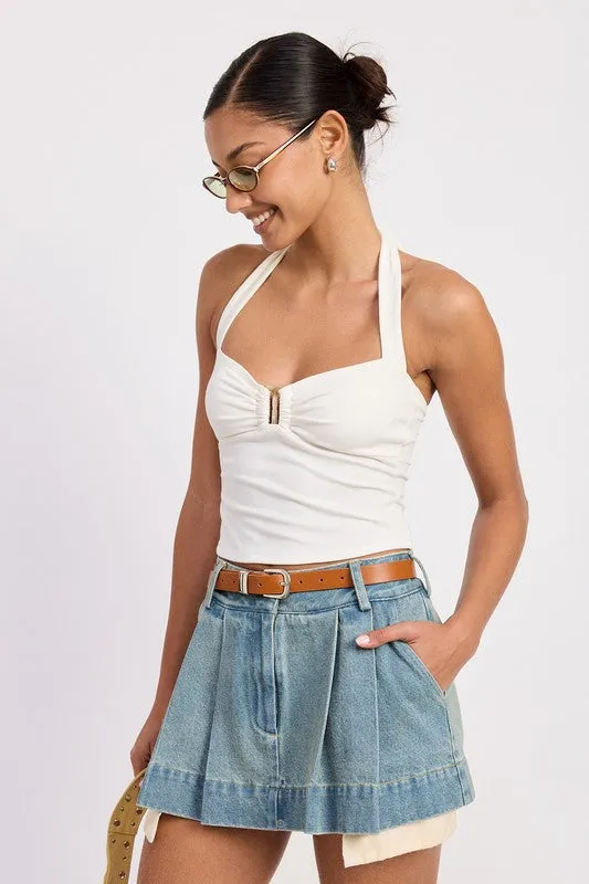 PLEATED DENIM MINI SKIRT WITH CONTRAST HEM DETAIL sold by Charming Charlie product image thumbnail 4