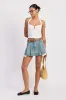 PLEATED DENIM MINI SKIRT WITH CONTRAST HEM DETAIL sold by Charming Charlie