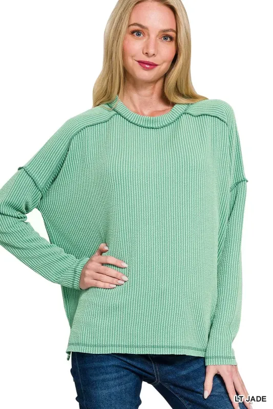 Zenana Exposed Seam Long Sleeve Corded Rib Knit Top sold by Charming Charlie