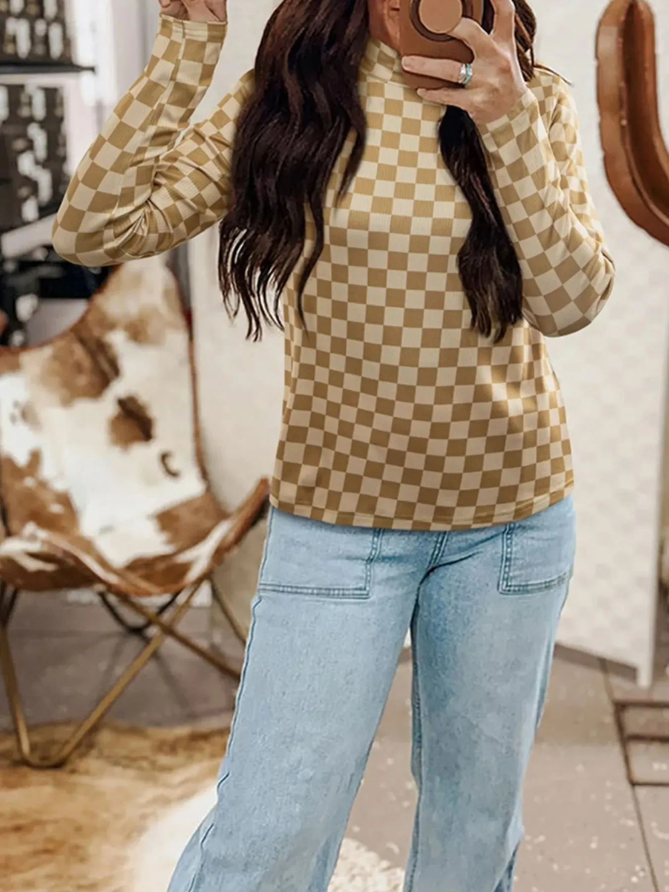 Check Pattern Turtleneck Slim Long Sleeve Tee sold by Charming Charlie product image thumbnail 2