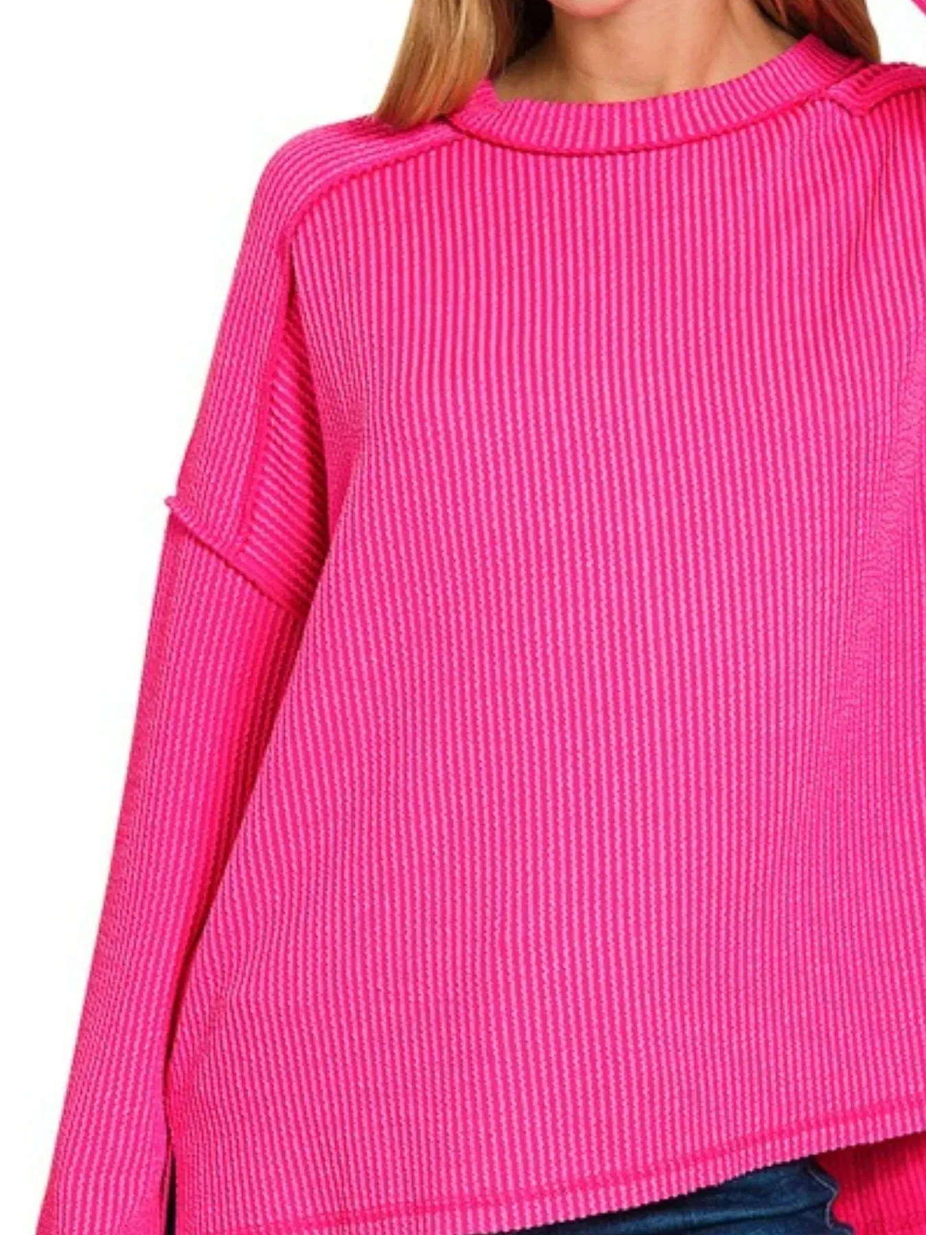 Zenana Exposed Seam Long Sleeve Corded Rib Knit Top sold by Charming Charlie product image thumbnail 3