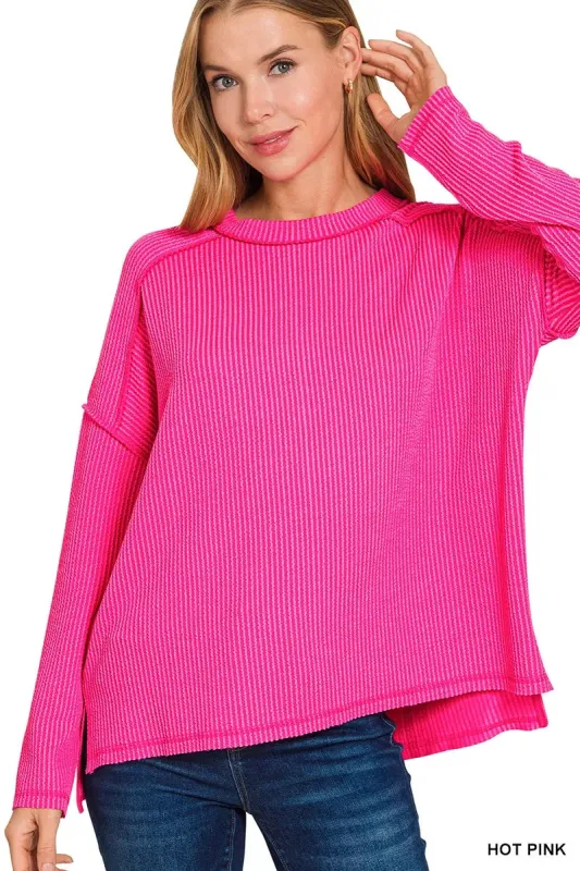 Zenana Exposed Seam Long Sleeve Corded Rib Knit Top sold by Charming Charlie