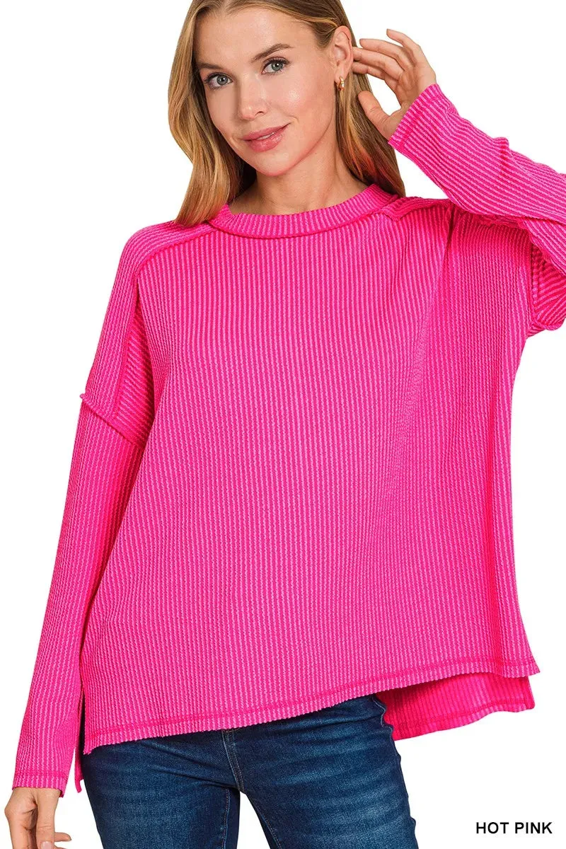 Zenana Exposed Seam Long Sleeve Corded Rib Knit Top sold by Charming Charlie