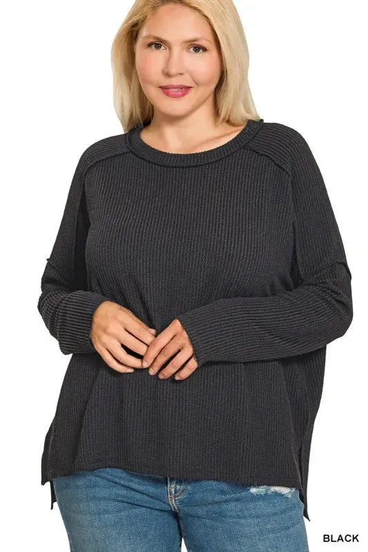 Zenana Full Size Exposed Seam Long Sleeve Corded Rib Knit Top Plus Size sold by Charming Charlie product image thumbnail 4