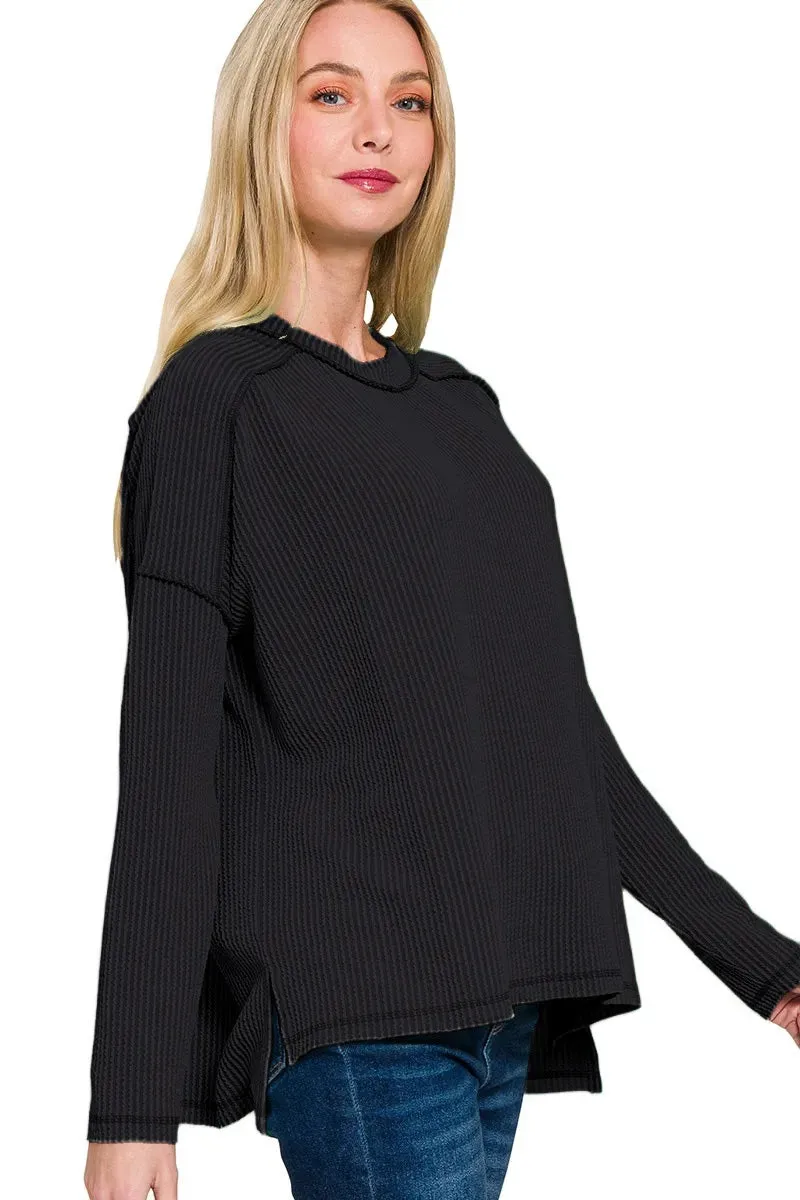 Zenana Full Size Exposed Seam Long Sleeve Corded Rib Knit Top Plus Size sold by Charming Charlie product image thumbnail 2