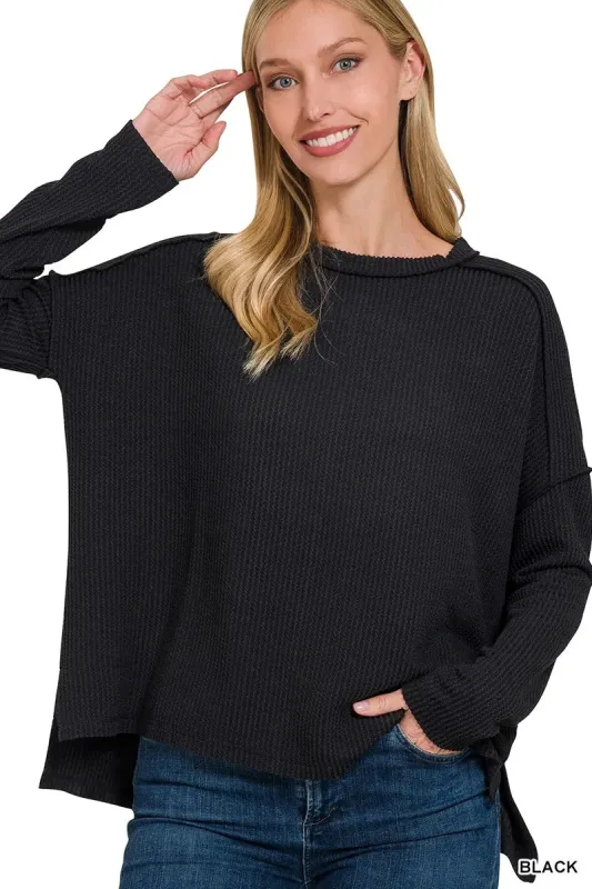 Zenana Full Size Exposed Seam Long Sleeve Corded Rib Knit Top Plus Size sold by Charming Charlie