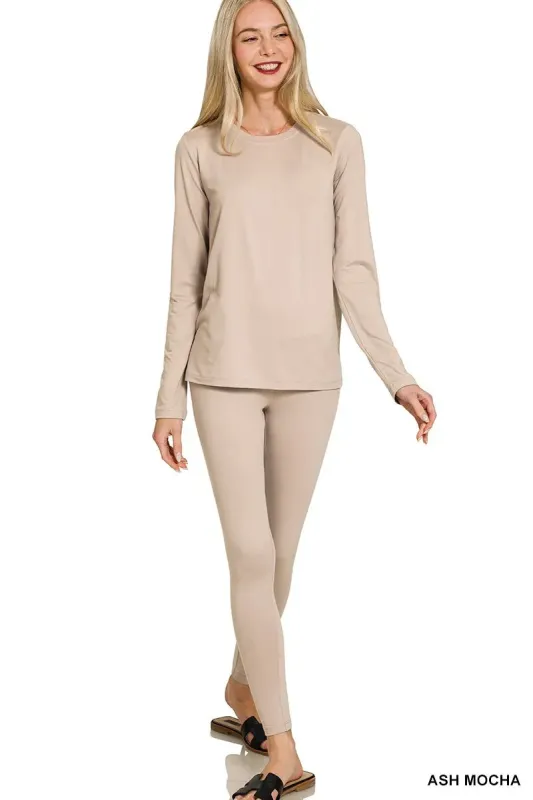 Zenana Microfiber Round Neck Top and Leggings Set sold by Charming Charlie