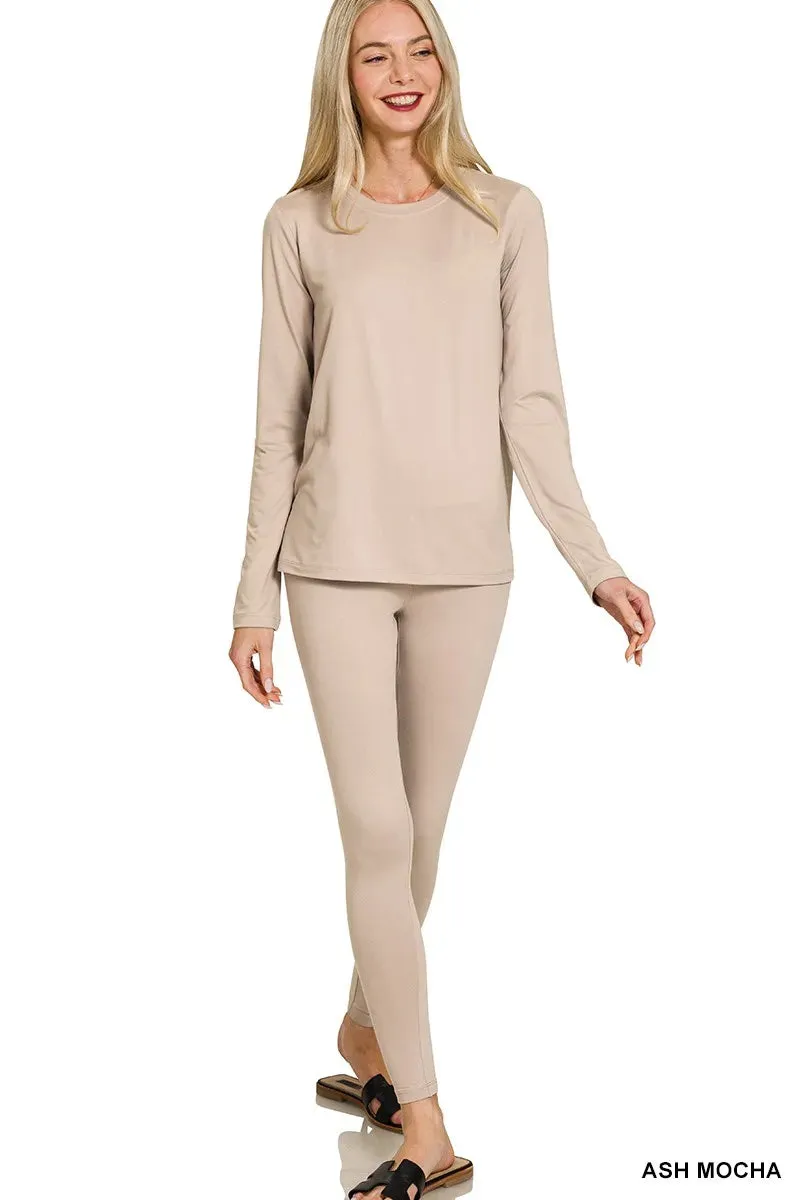 Zenana Microfiber Round Neck Top and Leggings Set sold by Charming Charlie