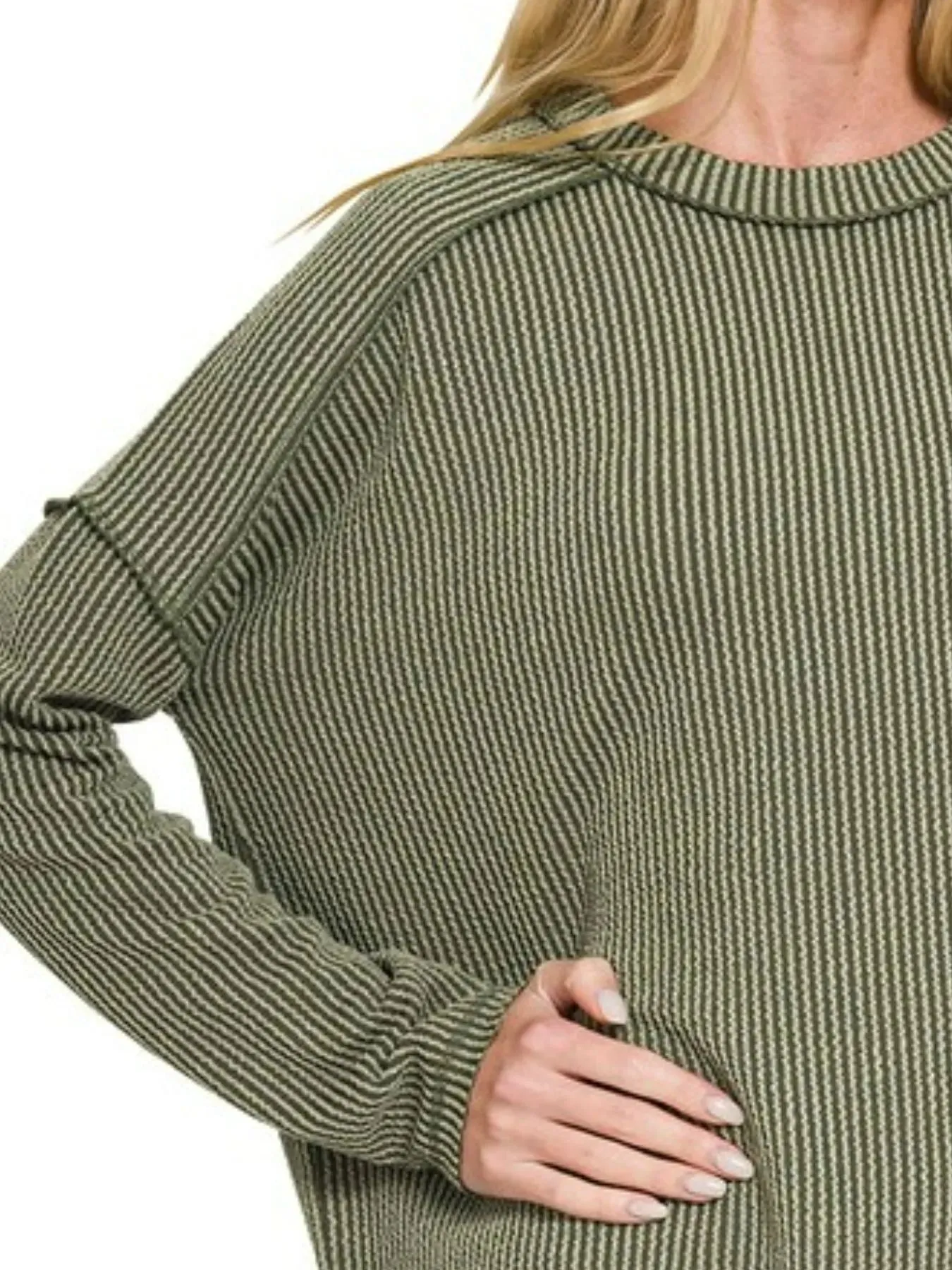 Zenana Full Size Exposed Seam Long Sleeve Corded Rib Knit Top Plus Size sold by Charming Charlie product image thumbnail 3