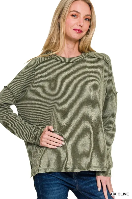 Zenana Full Size Exposed Seam Long Sleeve Corded Rib Knit Top Plus Size sold by Charming Charlie