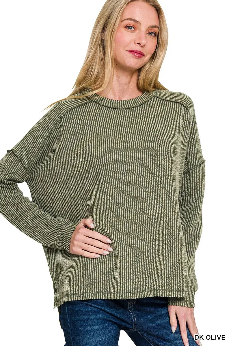 Zenana Full Size Exposed Seam Long Sleeve Corded Rib Knit Top Plus Size sold by Charming Charlie