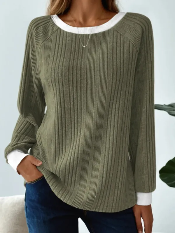 Ribbed Contrast Cuffed Round Neck Long Sleeve T Shirt made by Trendsi