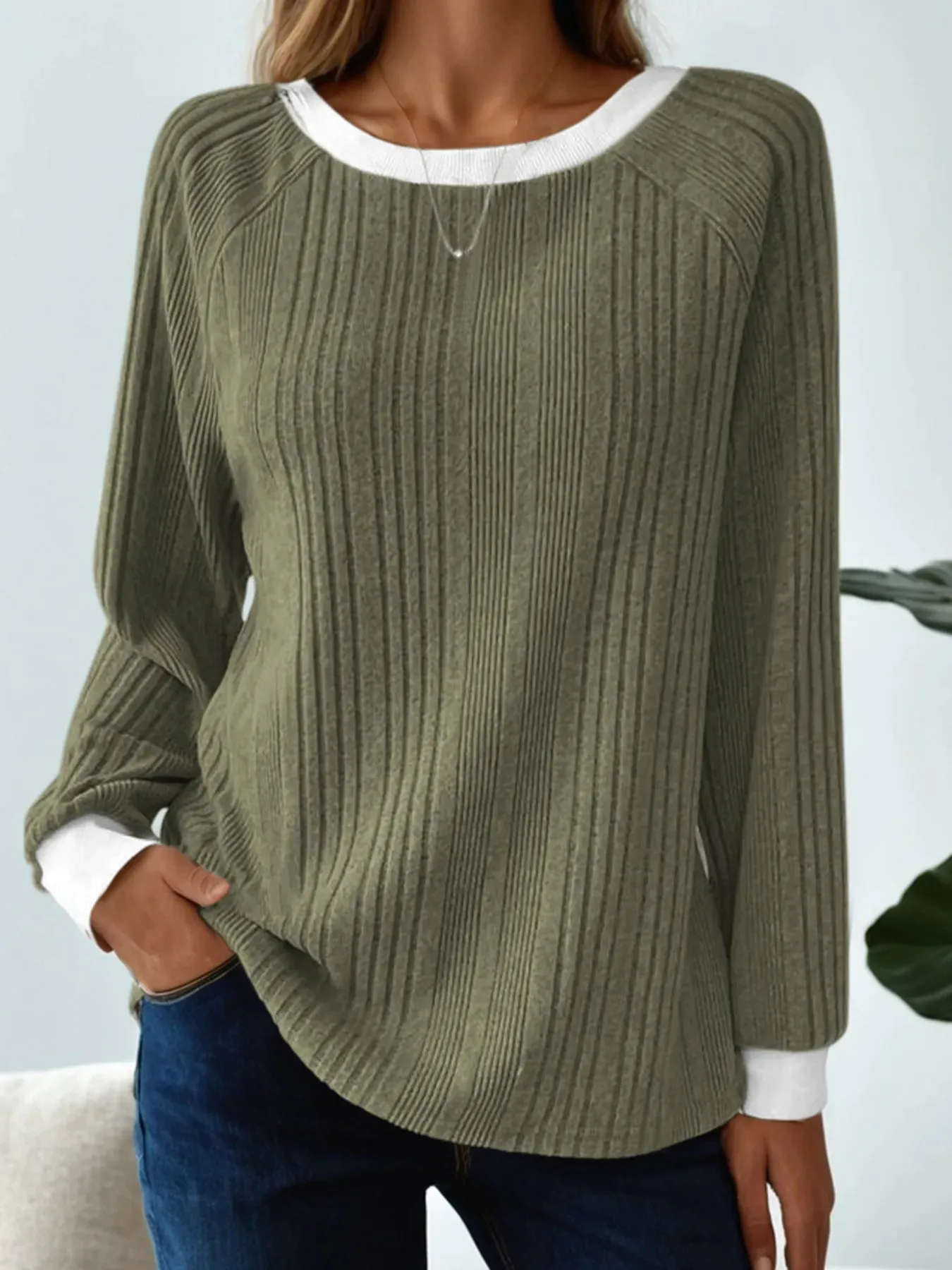 Ribbed Contrast Cuffed Round Neck Long Sleeve T Shirt sold by Charming Charlie