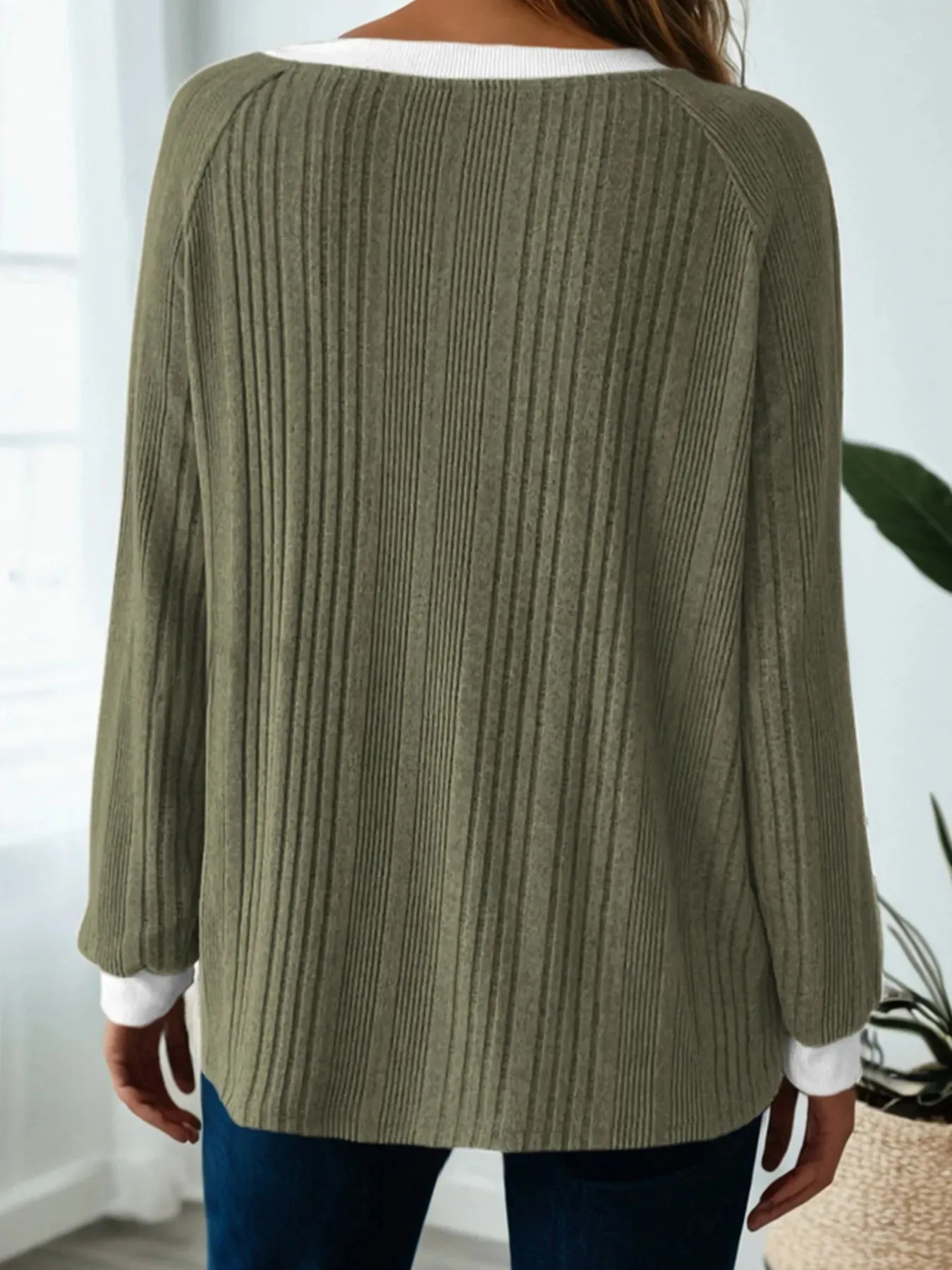 Ribbed Contrast Cuffed Round Neck Long Sleeve T Shirt sold by Charming Charlie product image thumbnail 3
