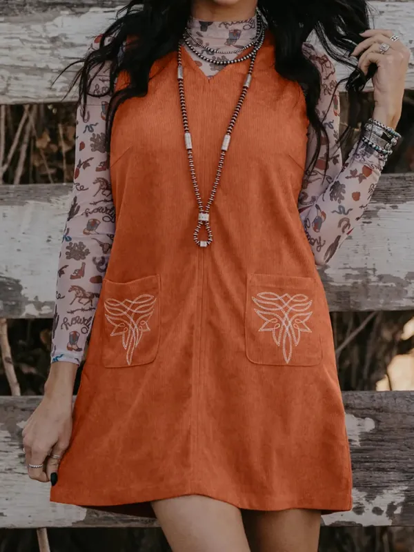 Corduroy Western Embroidered Patched Pocket Shift Sleeveless Mini Dress sold by Charming Charlie