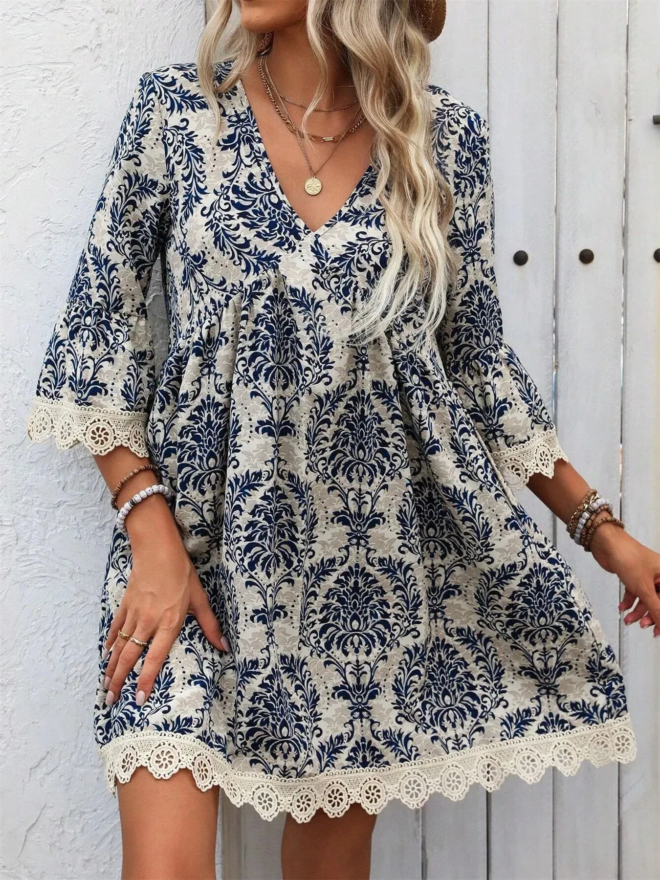 Lace Detail V-Neck 3/4 Sleeve Dress sold by Charming Charlie