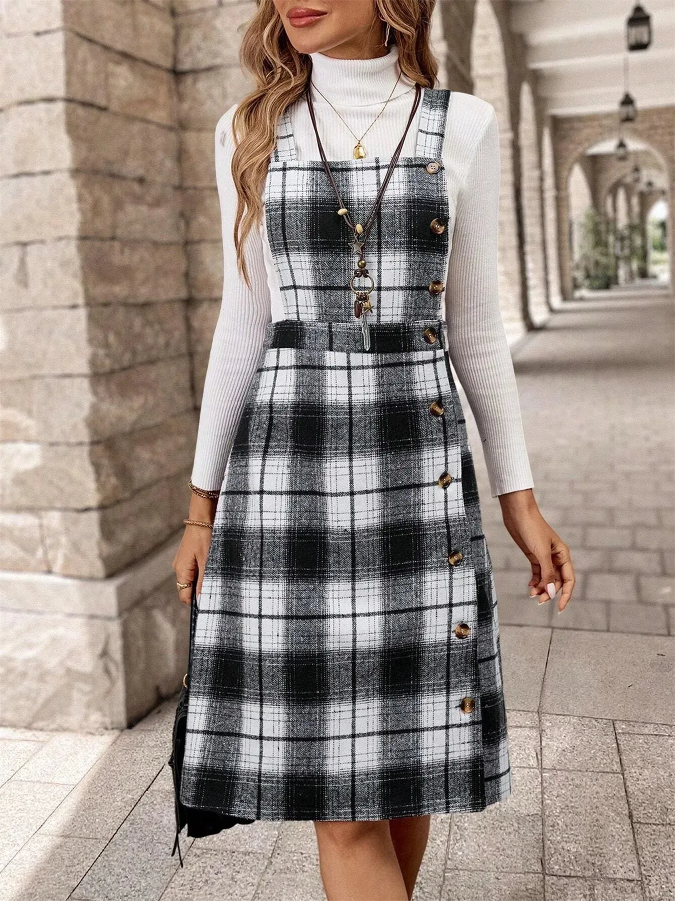 Plaid Square Neck Overall Dress sold by Charming Charlie product image thumbnail 4