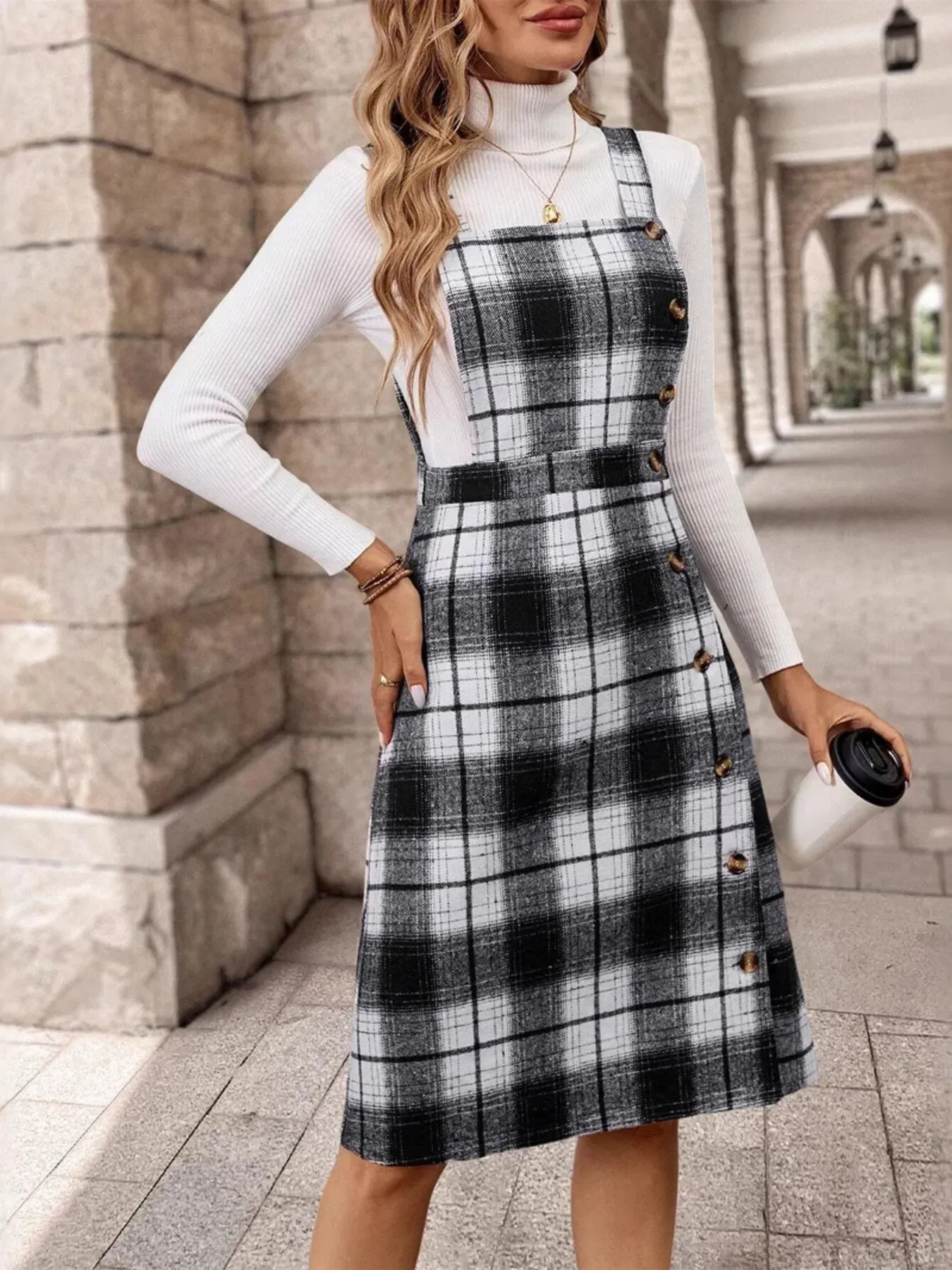 Plaid Square Neck Overall Dress sold by Charming Charlie product image thumbnail 3