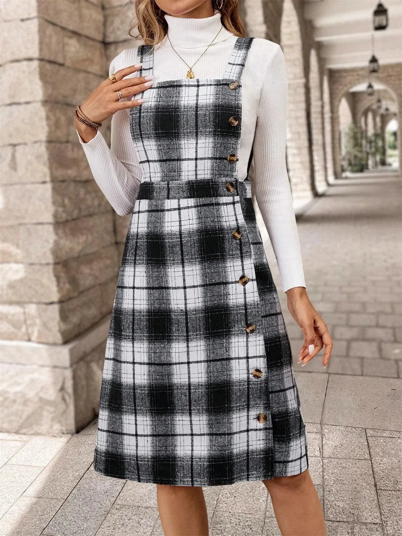 Plaid Square Neck Overall Dress sold by Charming Charlie