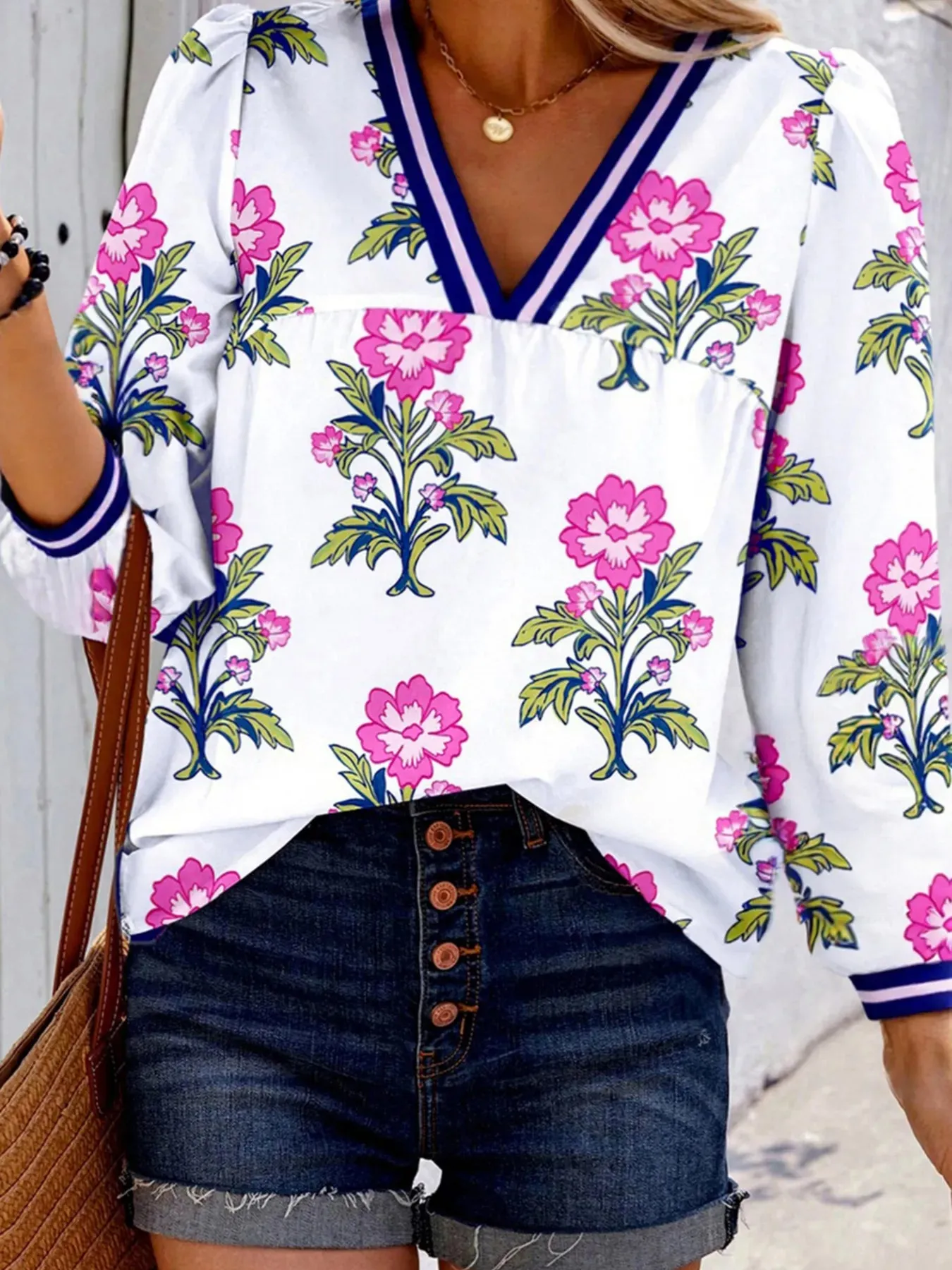 Floral Print Striped V Neck Blouse sold by Charming Charlie