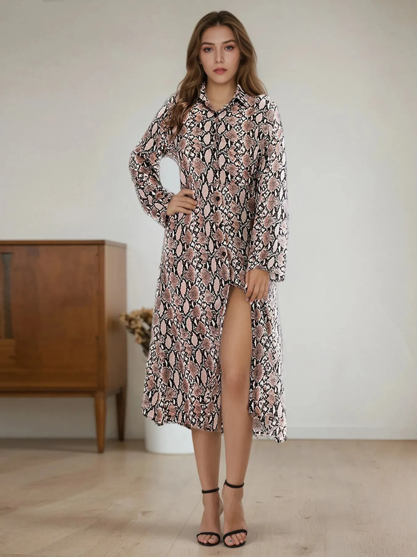Snake Print Long Sleeve Shirt Dress sold by Charming Charlie product image thumbnail 4