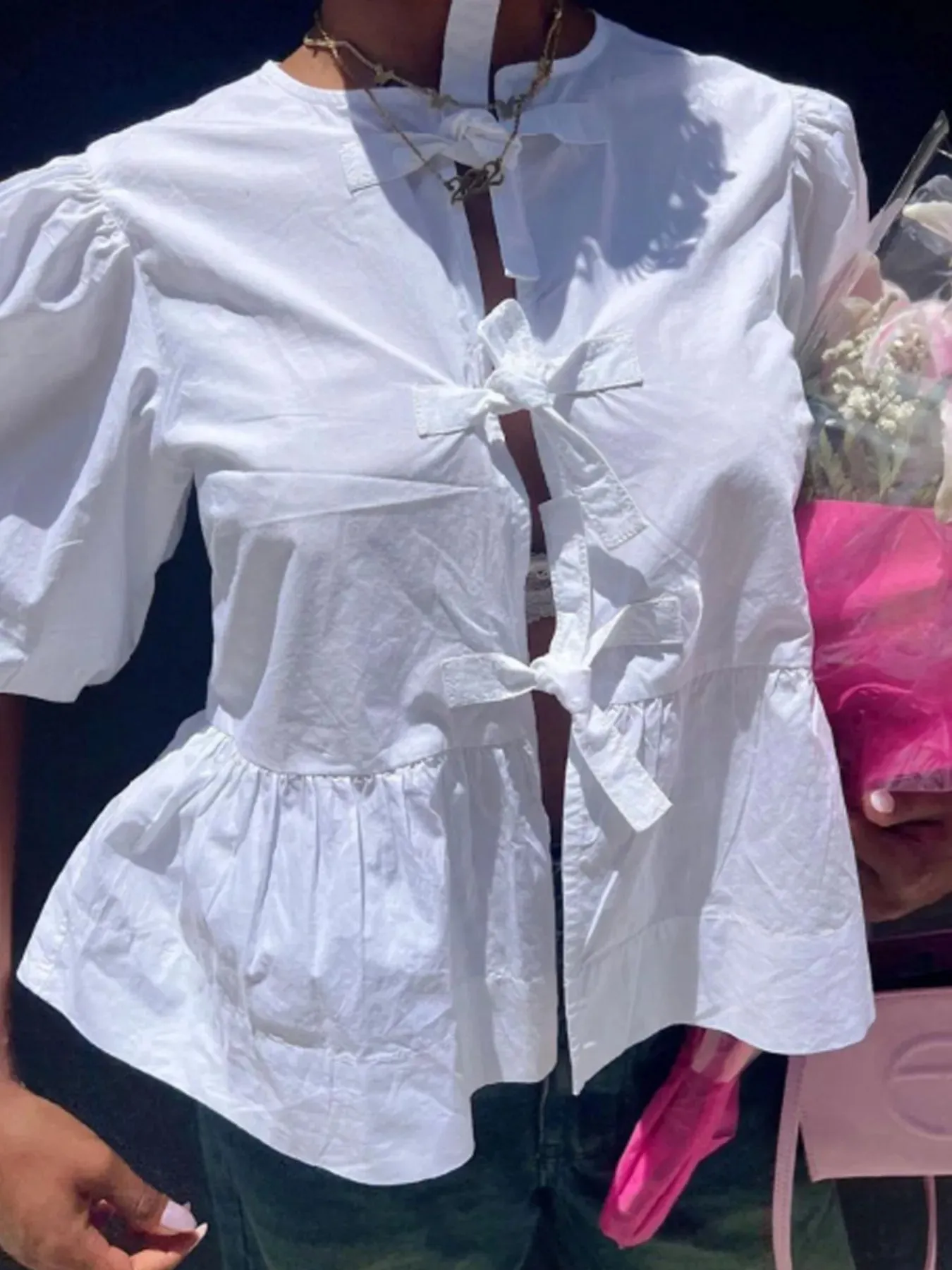 Puff Sleeve Bow Tie Blouse sold by Charming Charlie product image thumbnail 4