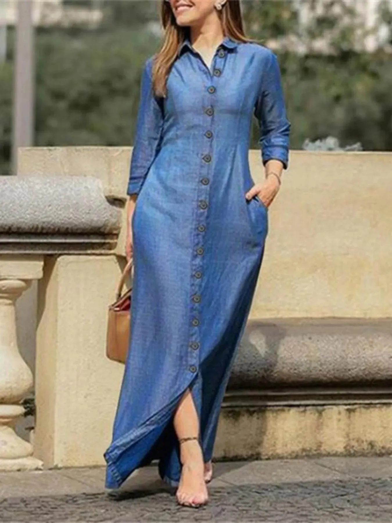 Full Size Button-Down Maxi Denim Dress Plus Size sold by Charming Charlie product image thumbnail 4