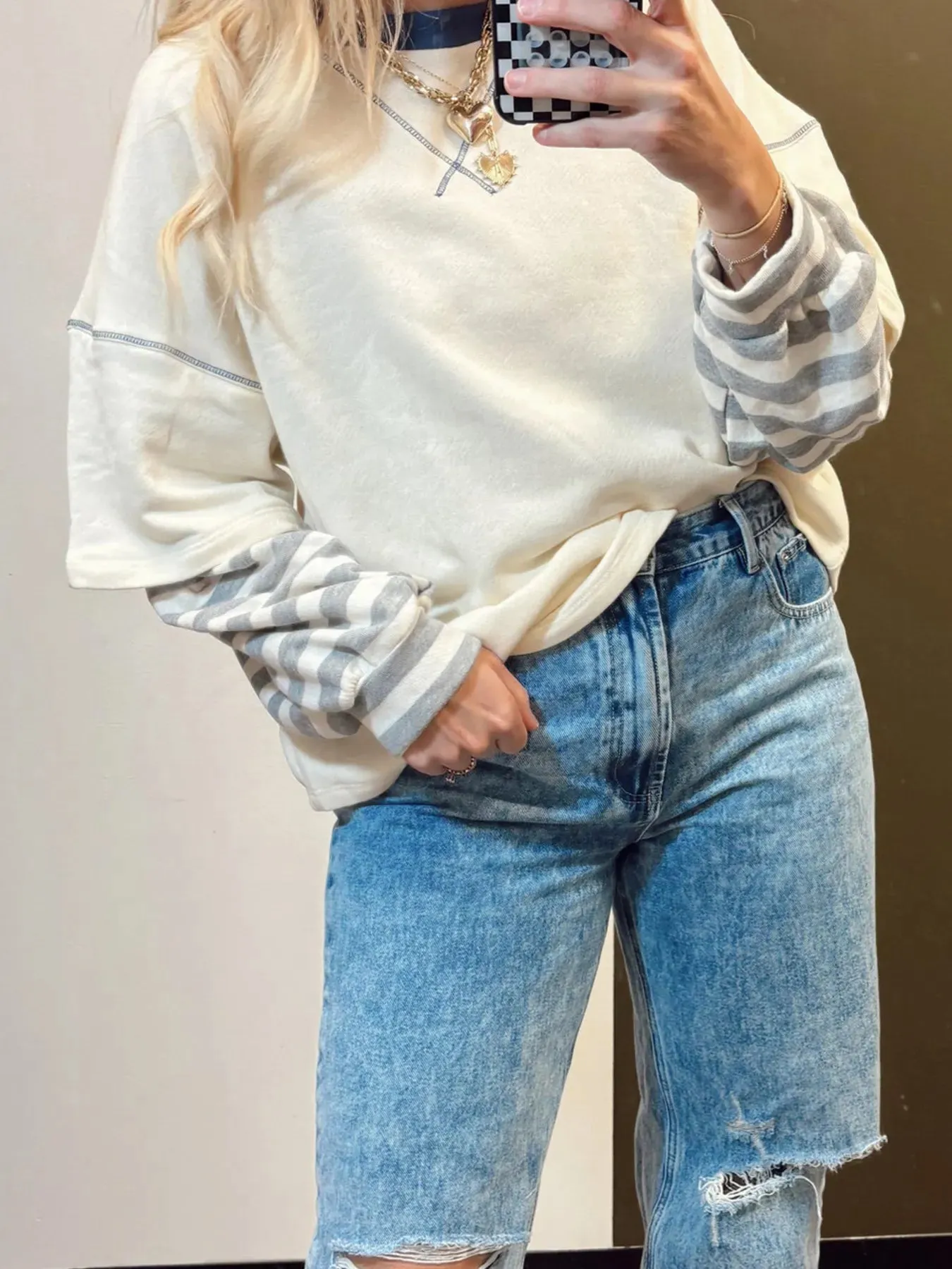 Striped Patchwork Long Sleeve Round Neck Two-in-one Top sold by Charming Charlie