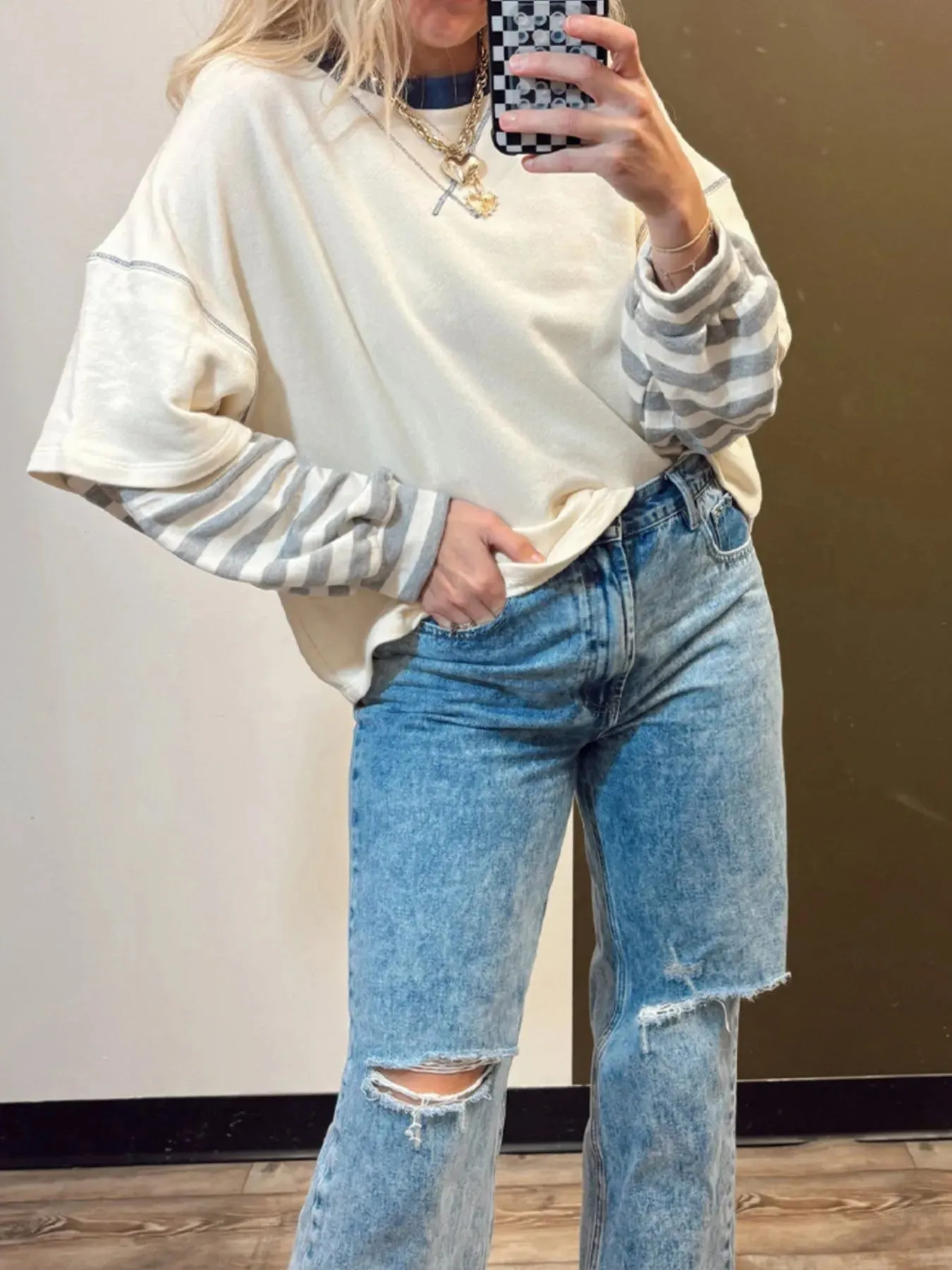 Striped Patchwork Long Sleeve Round Neck Two-in-one Top sold by Charming Charlie product image thumbnail 4