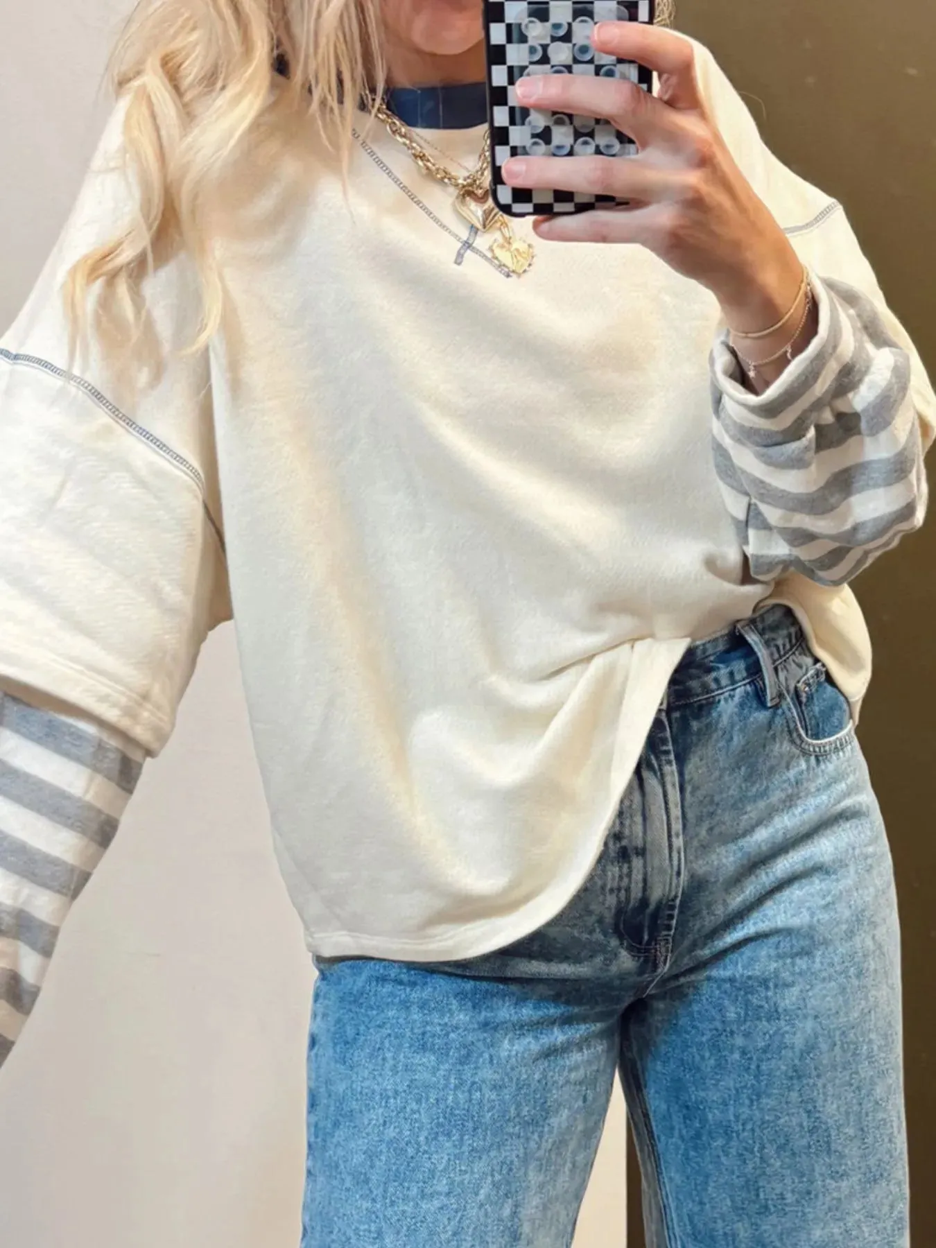 Striped Patchwork Long Sleeve Round Neck Two-in-one Top sold by Charming Charlie product image thumbnail 2