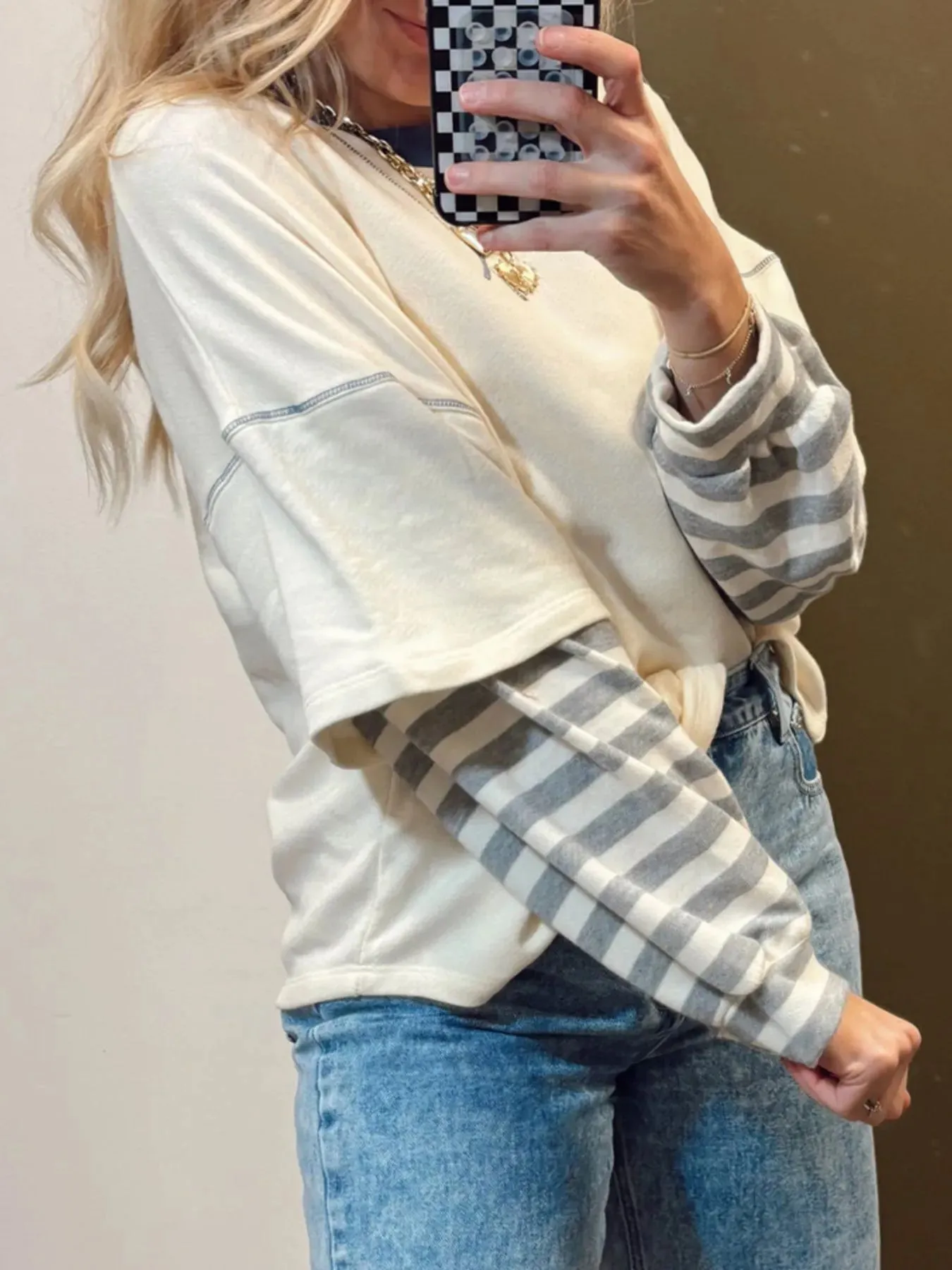 Striped Patchwork Long Sleeve Round Neck Two-in-one Top sold by Charming Charlie product image thumbnail 5